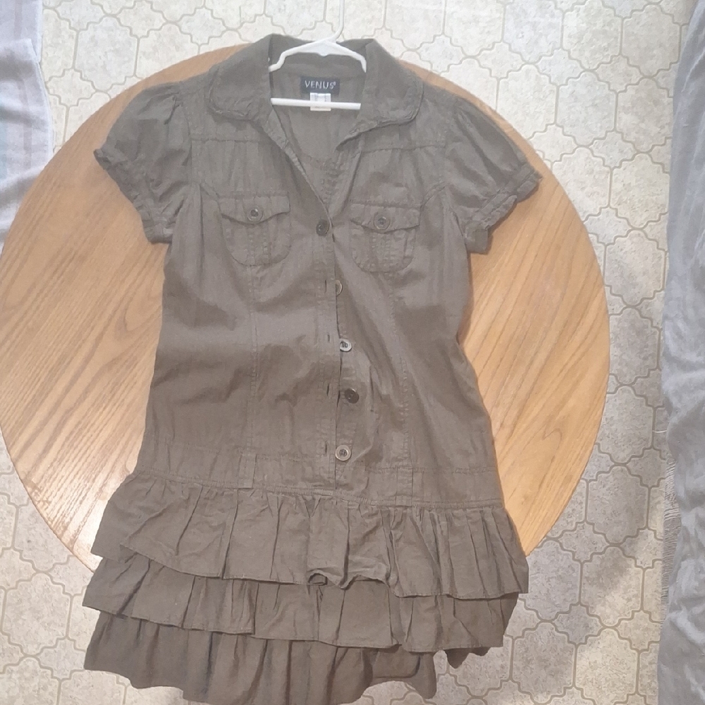 VENUS Olive Button-Up Ruffle Dress